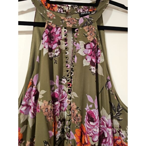 Torrid Dress Size 0 Floral Chiffon Ruffled High Neck Olive Green Layered Sexy - Picture 4 of 9